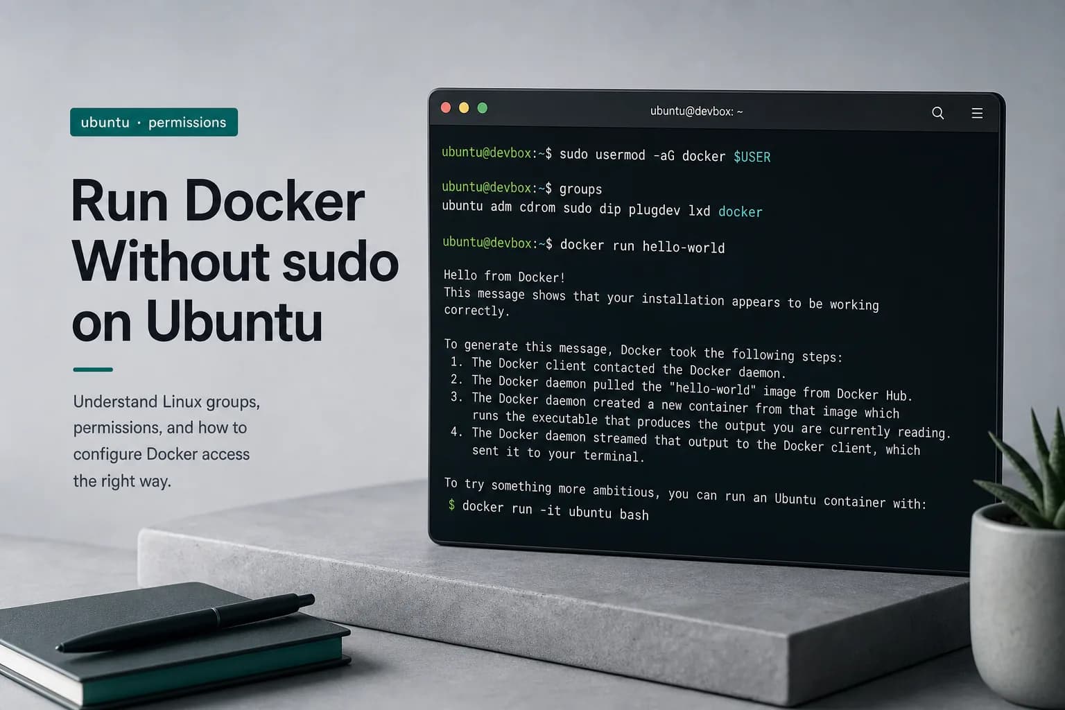Terminal showing usermod -aG docker and docker run without sudo