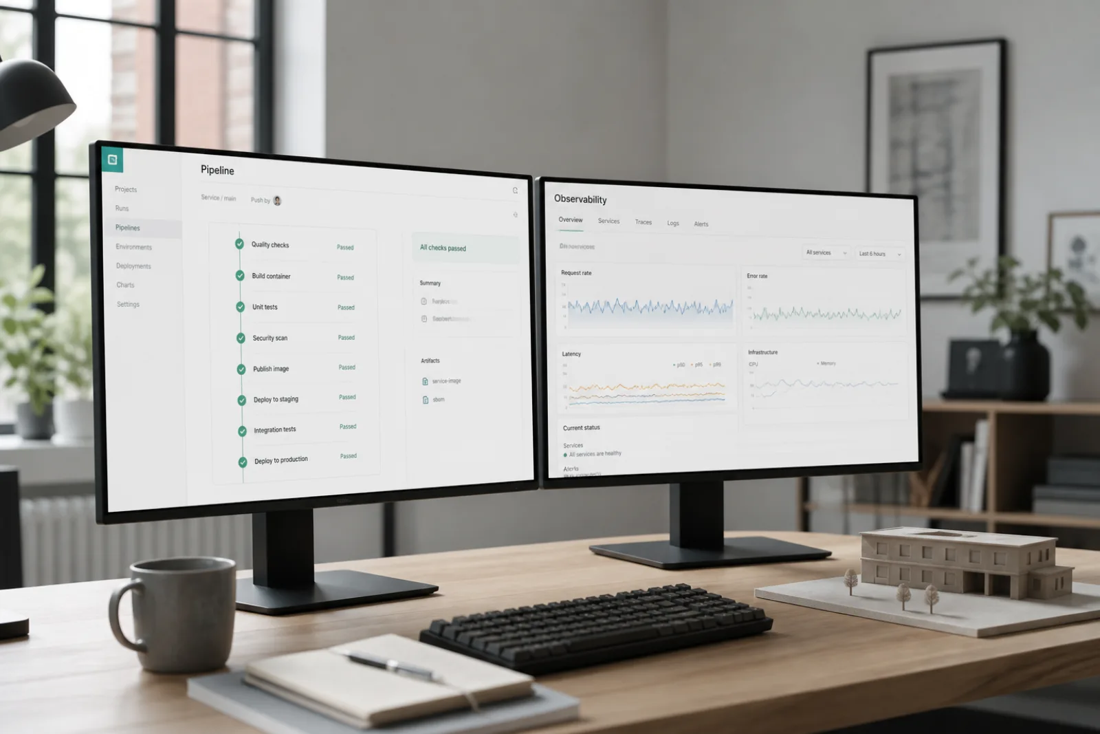 Managed DevOps operations desk with CI pipelines and observability