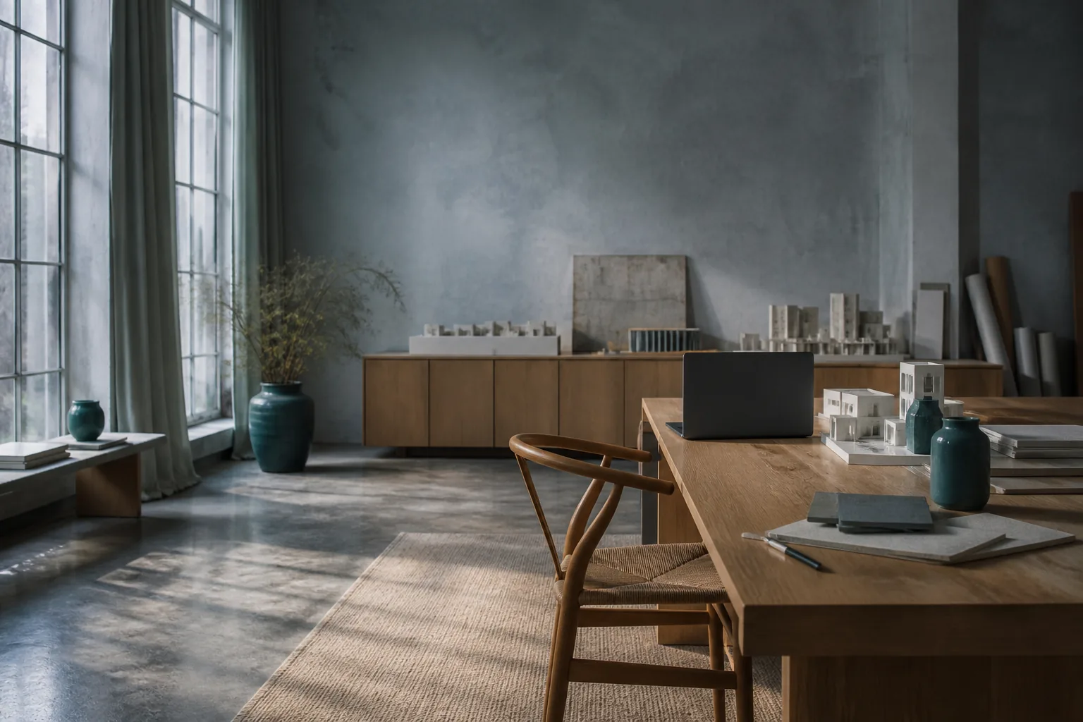 Quiet design-engineering studio with daylight, a long desk, and clay models